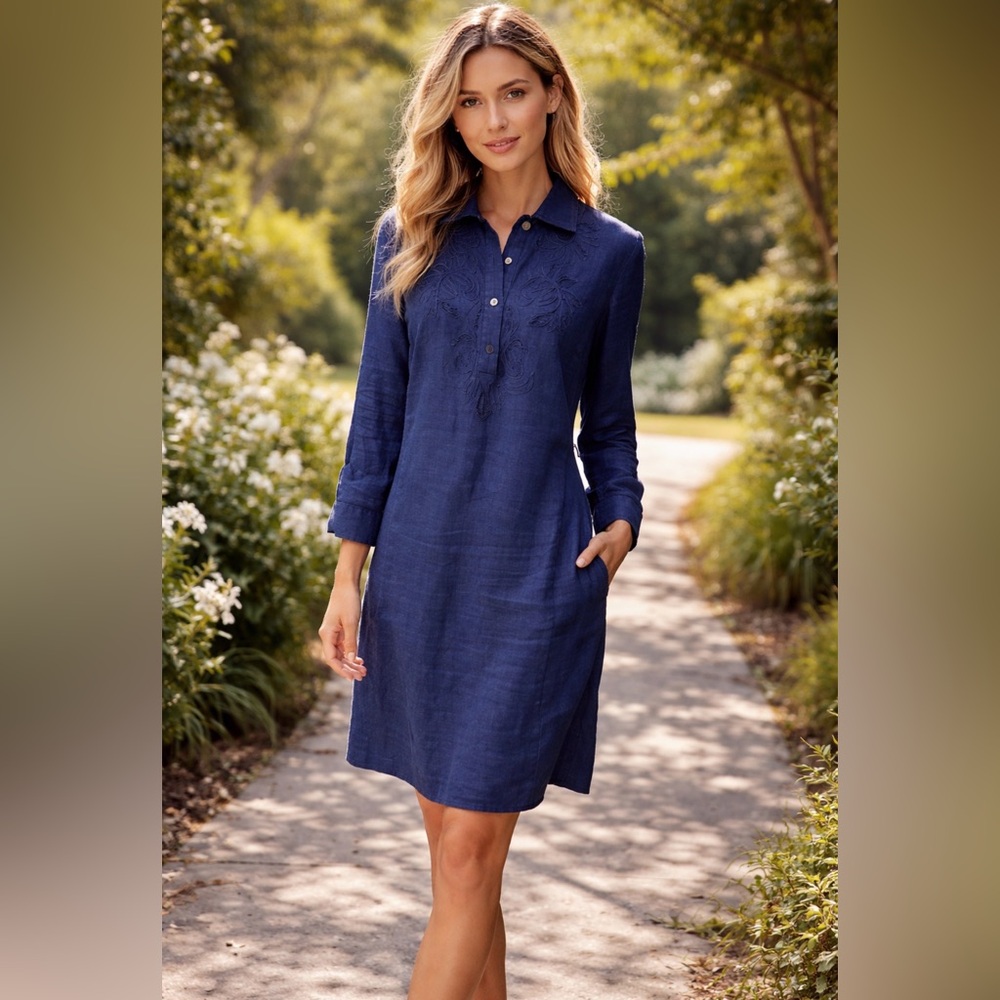 Talbots Shirt Dress 10P Irish Linen Navy Blue Embroidered Front Long Sleeve